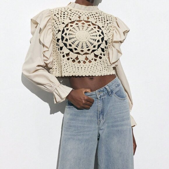 Khaki Casual Women's Apricot Hollow Hook Flower Splicing Ruffles Top - Picture 4 of 7